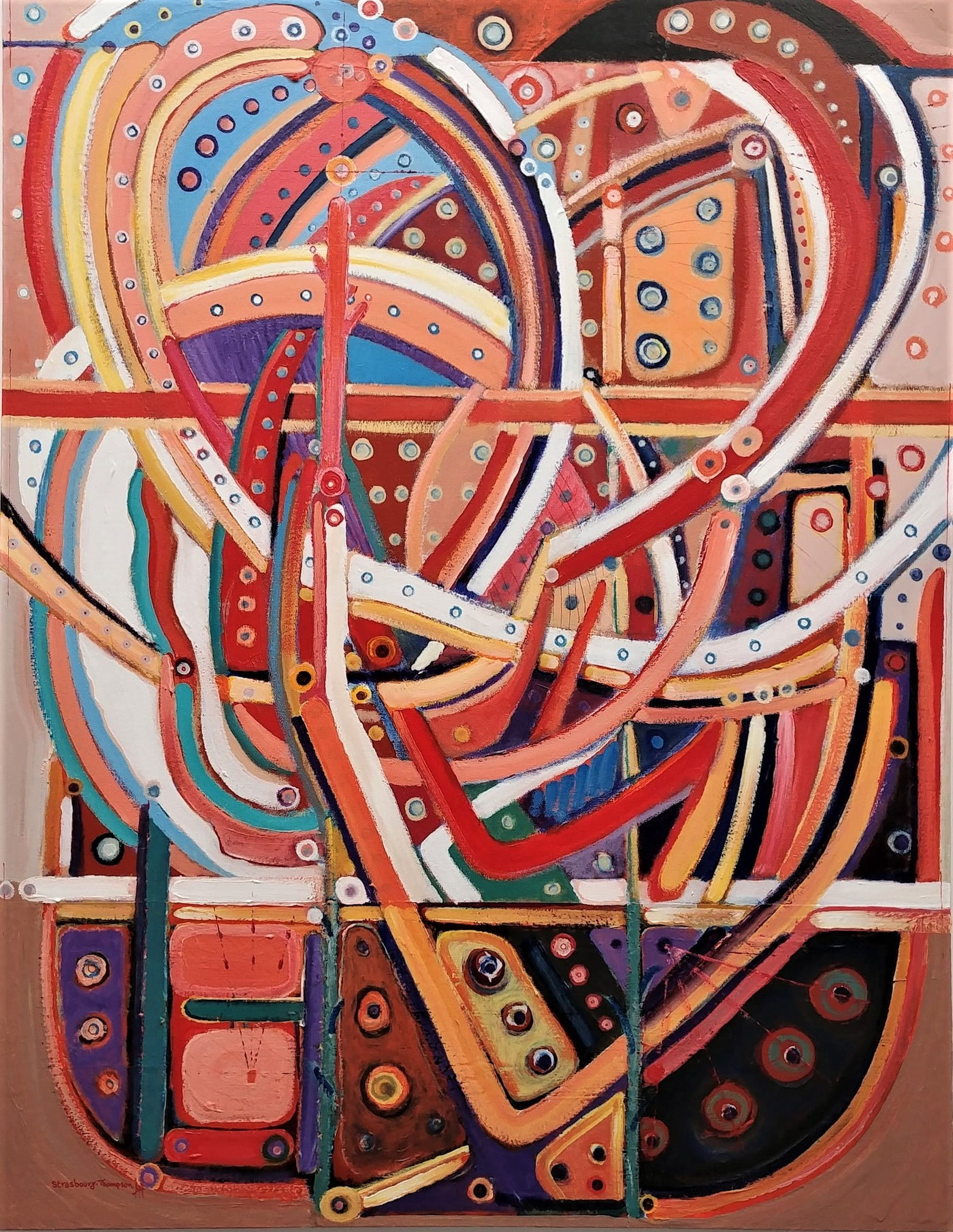 Painting by HB Barry Strasbourg-Thompson: interlocking arcs and looping bands in red, coral, white and blue, studded with concentric painted circles.