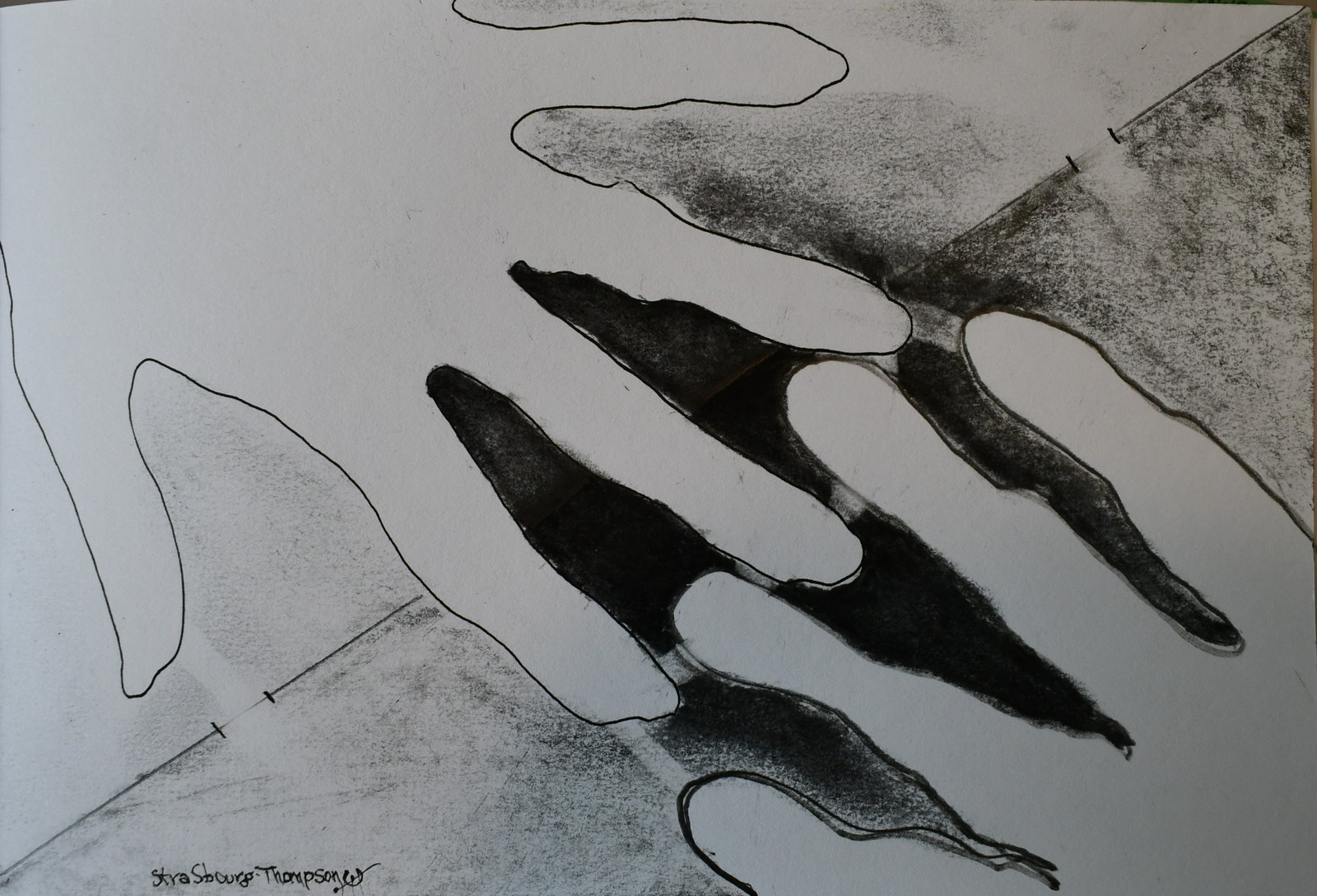 Pen, ink and charcoal drawing of two overlapping hands, one drawn in outline and one filled in dense black, signed Strasbourg-Thompson.
