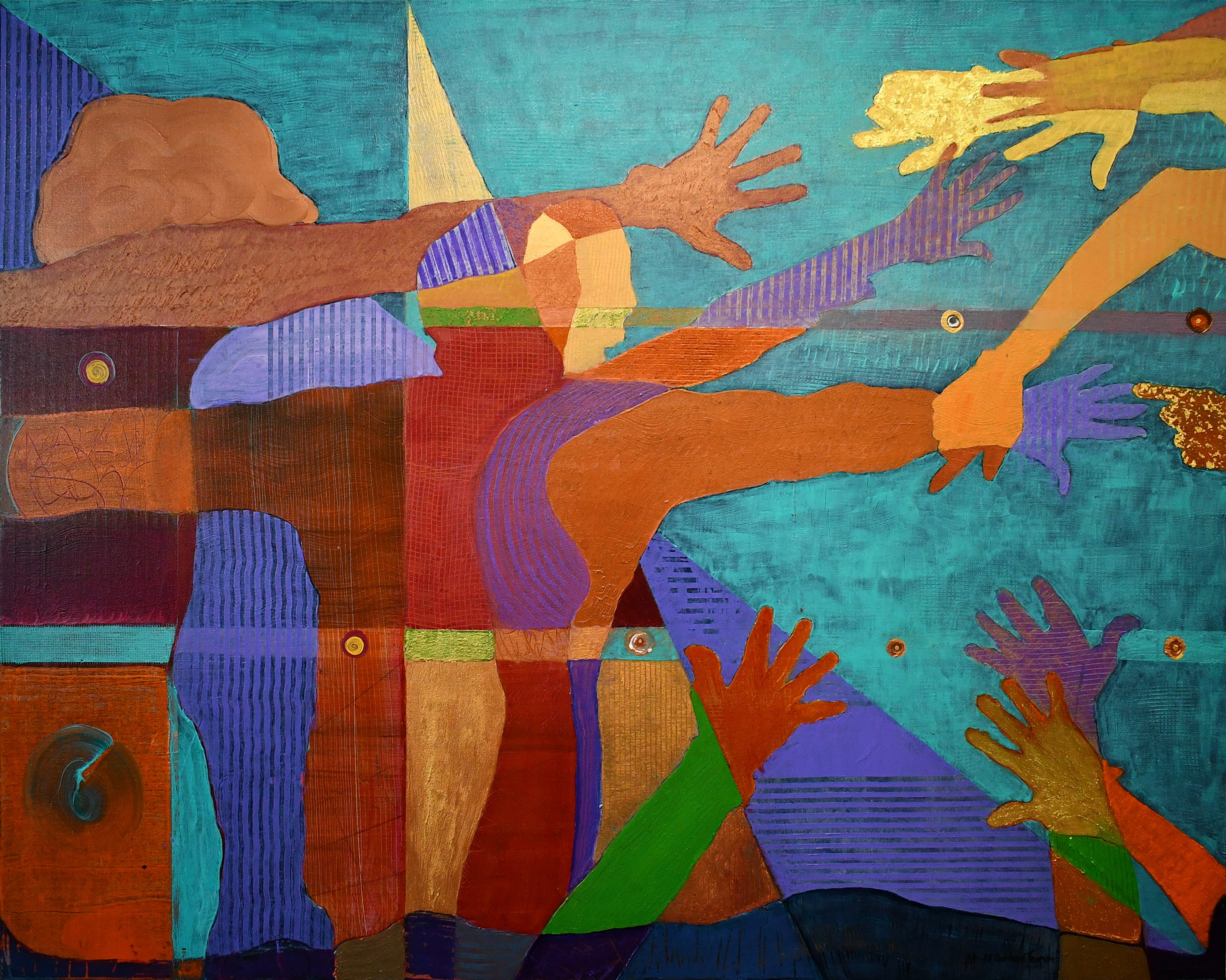 Painting by HB Barry Strasbourg-Thompson: reaching figures and outstretched hands in terracotta, violet and gold against a deep turquoise ground, divided by a grid of painted panels.